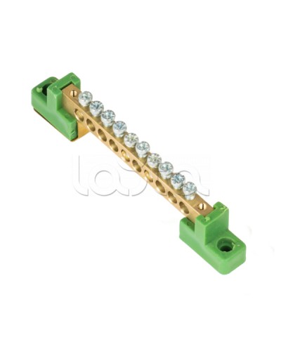 Шина 0 PE 6x9мм 10 отверстий латунь с контактной пластиной 2 зелёных угловых изолятора EKF (sn0-63-10-2-pe) в Таганроге Клеммные колодки Pintop.ru