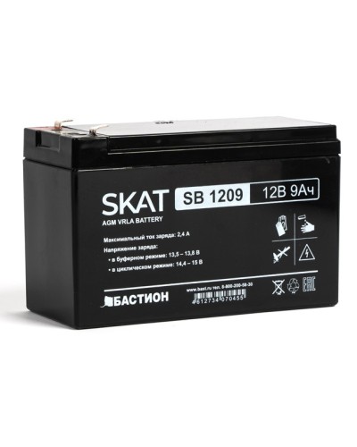 Бастион SKAT SB 1209 АКБ свинцово-кислотная тип AGM 12V 9Ач Iзар. 2,7 А, ножевые клеммы в Таганроге Электротехническое оборудование Pintop.ru