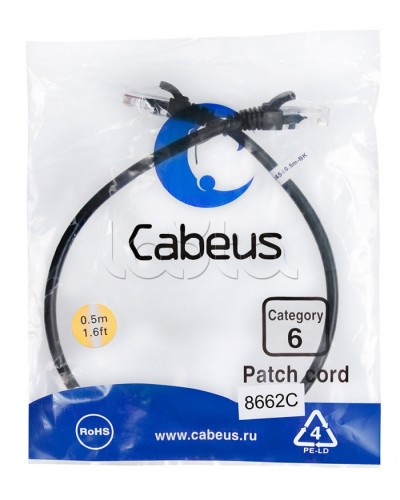 Патч-корд UTP, категория 6, 0.5 м, неэкранированный, черный Cabeus PC-UTP-RJ45-Cat.6-0.5m-BK в Таганроге Патчкорды (медные) Pintop.ru