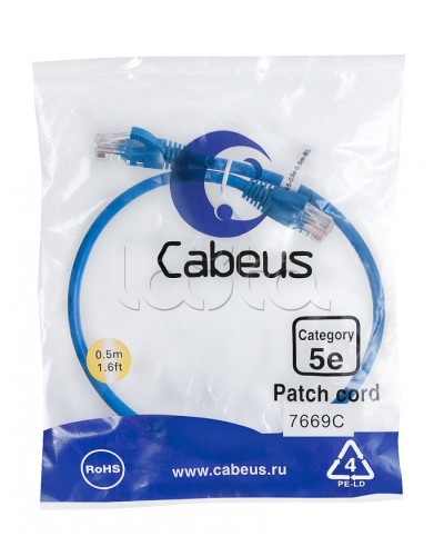 Патч-корд UTP, категория 5e, 0.5 м, неэкранированный, синий Cabeus PC-UTP-RJ45-Cat.5e-0.5m-BL в Таганроге Патчкорды (медные) Pintop.ru