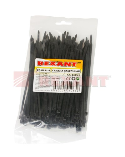 Хомут-стяжка нейлоновый 4х150 мм чёрный (100шт/уп) REXANT 07-0151-4 в Таганроге Стяжки-хомуты Pintop.ru