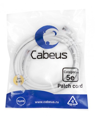 Патч-корд медный U/UTP категория 5е (3м) LSZH (белый) Cabeus (PC-UTP-RJ45-Cat.5e-3m-WH-LSZH) в Таганроге Патчкорды (медные) Pintop.ru