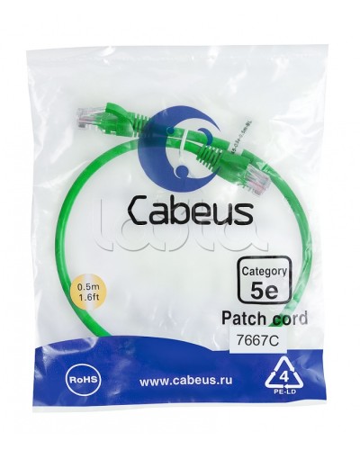 Патч-корд UTP, категория 5e, 0.5 м, неэкранированный, зеленый Cabeus PC-UTP-RJ45-Cat.5e-0.5m-GN в Таганроге Патчкорды (медные) Pintop.ru