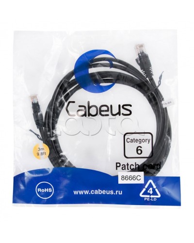 Патч-корд UTP, категория 6, 3 м, неэкранированный, черный Cabeus PC-UTP-RJ45-Cat.6-3m-BK в Таганроге Патчкорды (медные) Pintop.ru