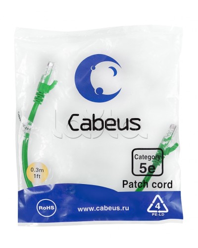 Патч-корд UTP, категория 5e, 0.3 м, неэкранированный, зеленый Cabeus PC-UTP-RJ45-Cat.5e-0.3m-GN в Таганроге Патчкорды (медные) Pintop.ru
