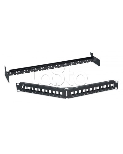 Патч-панель угловая модульная 19, 1U, 24 порта RJ-45, для неэкранированных модулей, с задним кабельным организатором (без модулей) Cabeus PLB-24-CON в Таганроге Патч панель Pintop.ru
