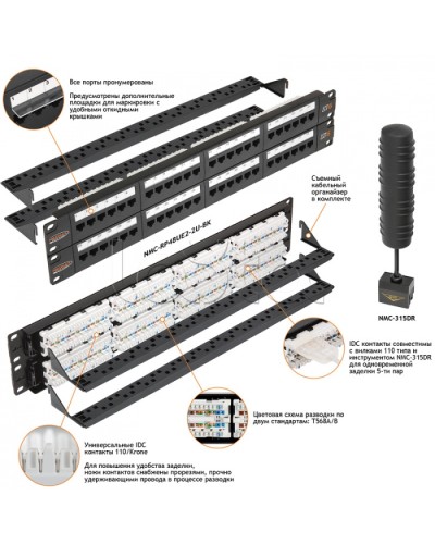 Патч-панель 19, 2U, 48xRJ45 NIKOMAX (NMC-RP48UE2-2U-BK) в Таганроге Патч панель Pintop.ru