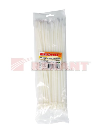 Хомут-стяжка нейлоновый 5х300 мм белый (100шт/уп) REXANT 07-1302 в Таганроге Стяжки-хомуты Pintop.ru