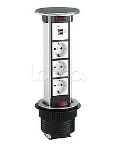 Блок розеточный встраеваемый в стол, 4 поста (45х45) IP54, с выключателем нагрузки (алюм+латунь) Экопласт 70344 в Таганроге Блоки розеток Pintop.ru